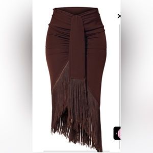 Chocolate brown tassel hem midi skirt
